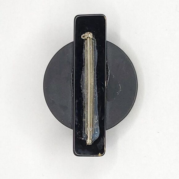 Vintage Art Deco Geometric Statement Brooch Black Blue Gold Plastic Glass 2 3/4" - Picture 3 of 3